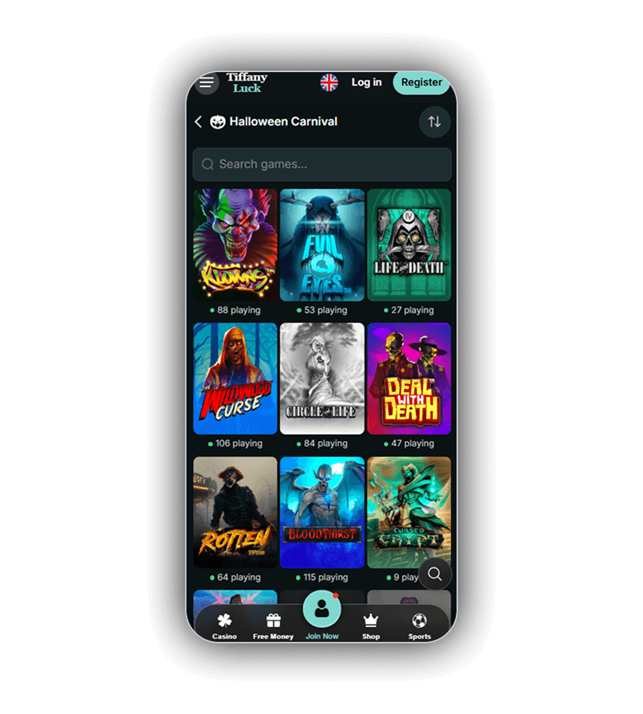 TiffanyLuck Halloween Carnival category on a phone with a back arrow, a sort button and a Search games field above the tiles Klowns, a glowing eyes slot, Life and Death, The Wildwood Curse, Circle of Life, Deal with Death, Rotten, Bloodthirst and Cursed Crypt with live player counts