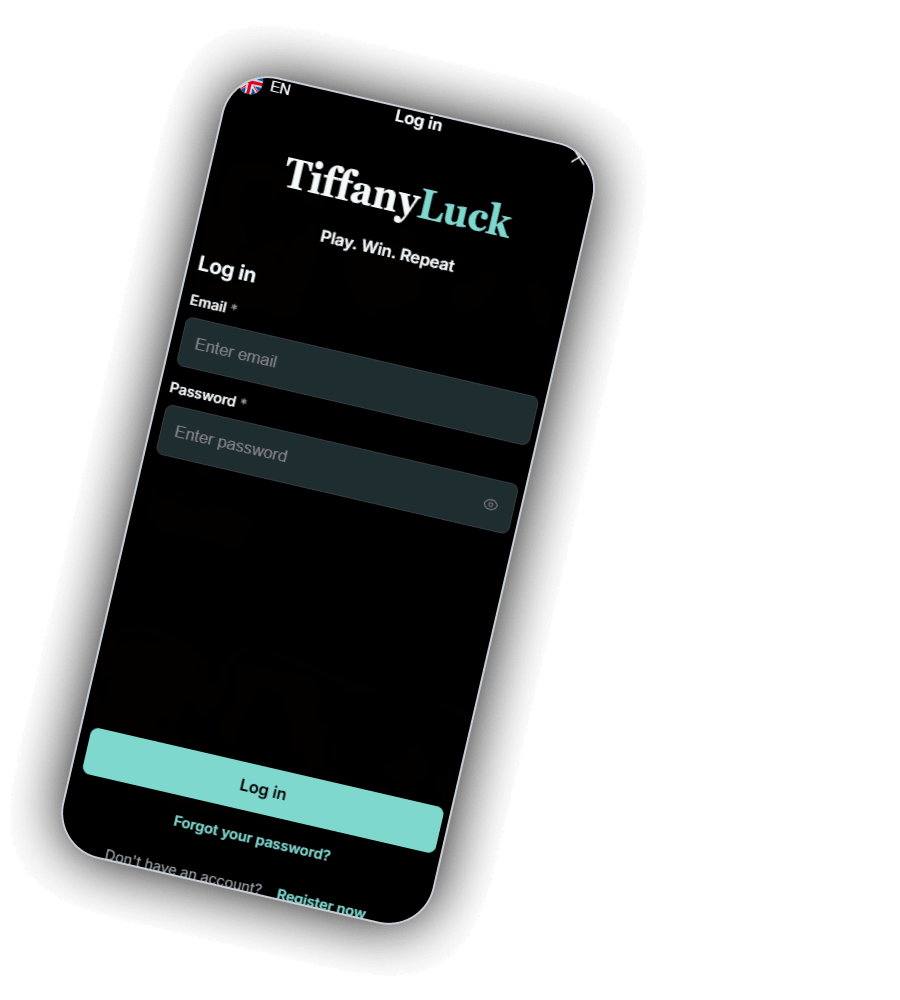 TiffanyLuck Log in screen on a phone with an EN flag, the TiffanyLuck logo and the tagline Play. Win. Repeat, an Email field, a Password field with an eye icon, a mint Log in button, a Forgot your password? link and the line Do not have an account? Register now