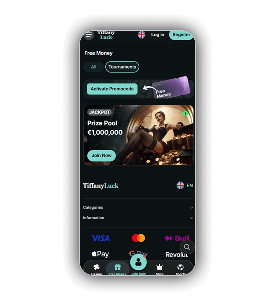 TiffanyLuck Free Money page on a phone with the filters All and Tournaments, an Activate Promocode button pointing to a purple Free Money ticket, and a JACKPOT card with a prize pool of €1,000,000, a woman sitting in an open vault beside a chest of gold coins and a Join Now button