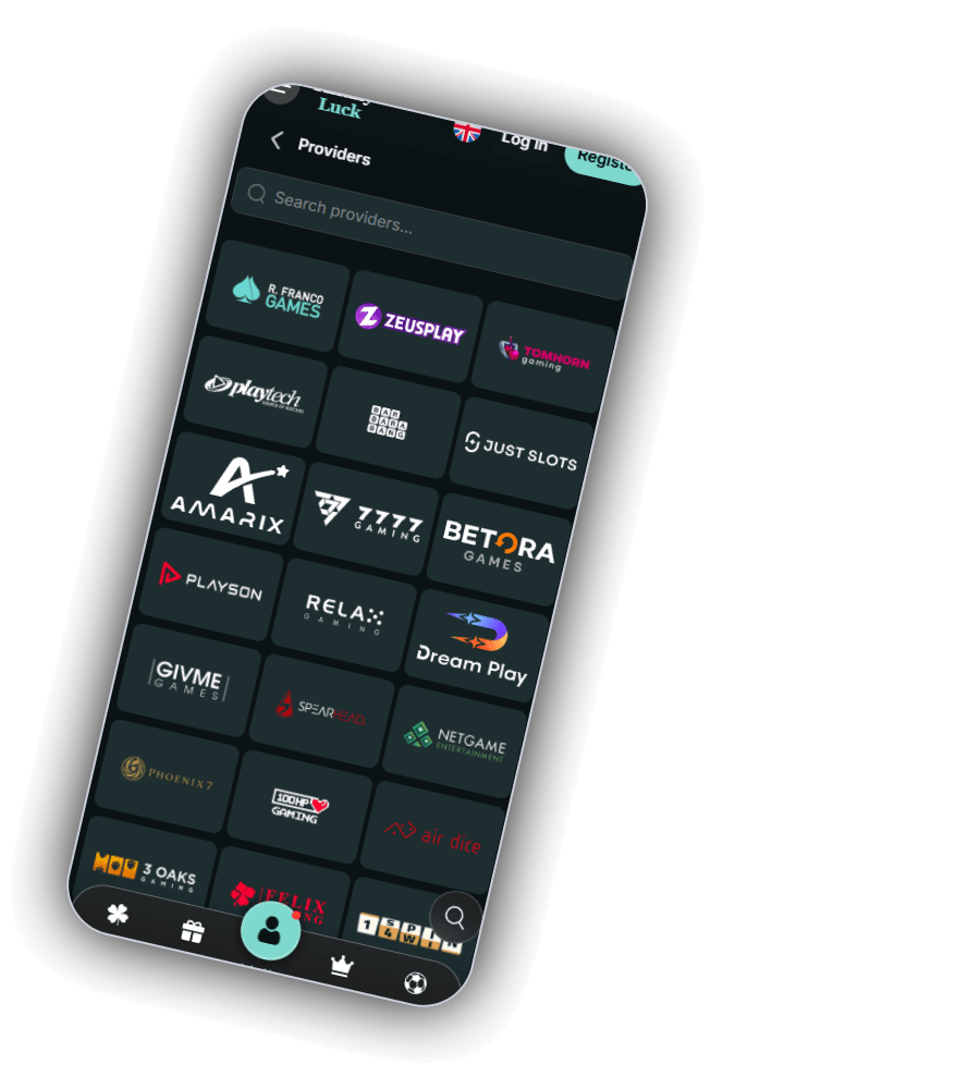 TiffanyLuck Providers screen on a phone with a Search providers field and logo tiles for R. Franco Games, ZeusPlay, Tom Horn Gaming, Playtech, Just Slots, Amarix, 7777 Gaming, Betora Games, Playson, Relax Gaming, Dream Play, Givme Games, Spearhead, NetGame Entertainment, Phoenix7, 100HP Gaming, Air Dice and 3 Oaks Gaming