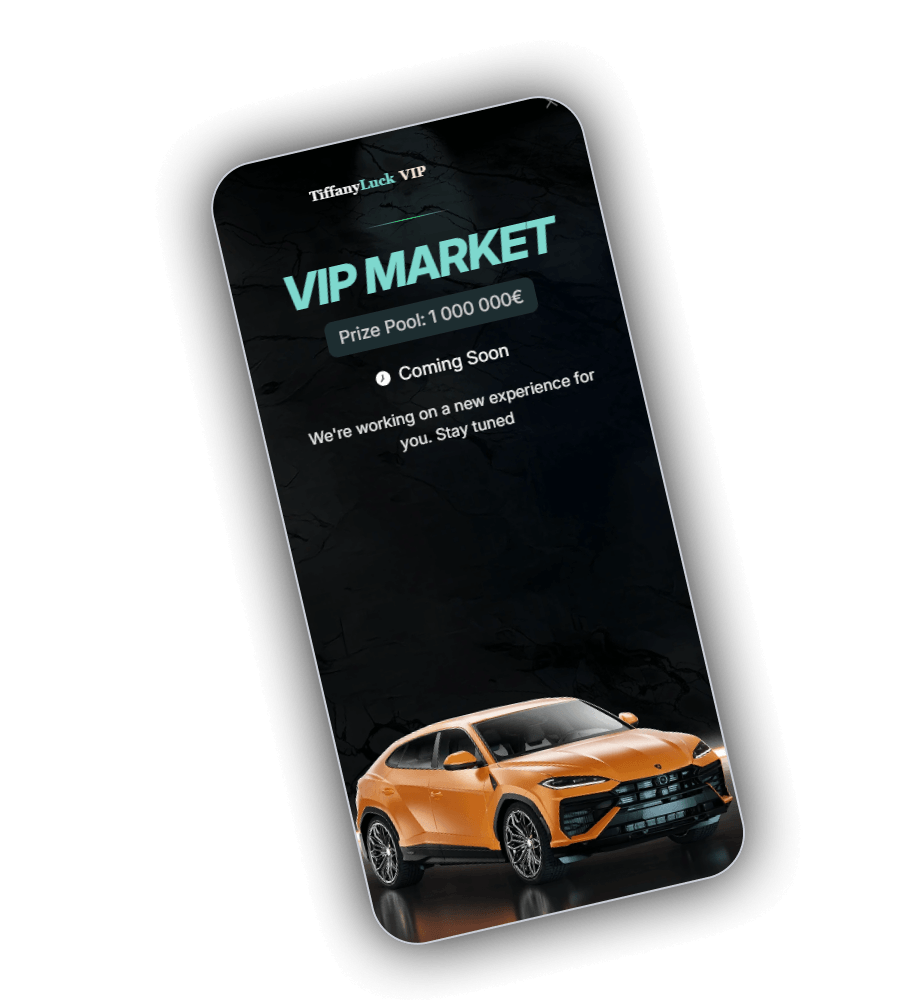 TiffanyLuck VIP Market screen on a phone with the small TiffanyLuck VIP logo, the title VIP MARKET in mint, a badge reading Prize Pool 1 000 000 euro, and an orange sports SUV on a dark marble background