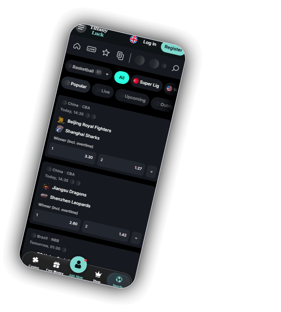 TiffanyLuck sportsbook on a phone with icons for home, live, favourites and the bet slip, a Basketball selector with 51 events, the filters All, Super Lig, Popular, Live, Upcoming and Outrights, and two China CBA matches, Beijing Royal Fighters against Shanghai Sharks and Jiangsu Dragons against Shenzhen Leopards, with Winner odds